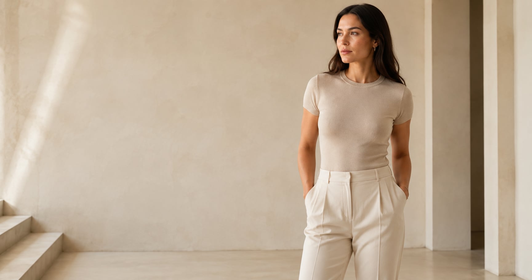Vrouw in zachte tailoring, staand in een zonovergoten minimalistisch interieur