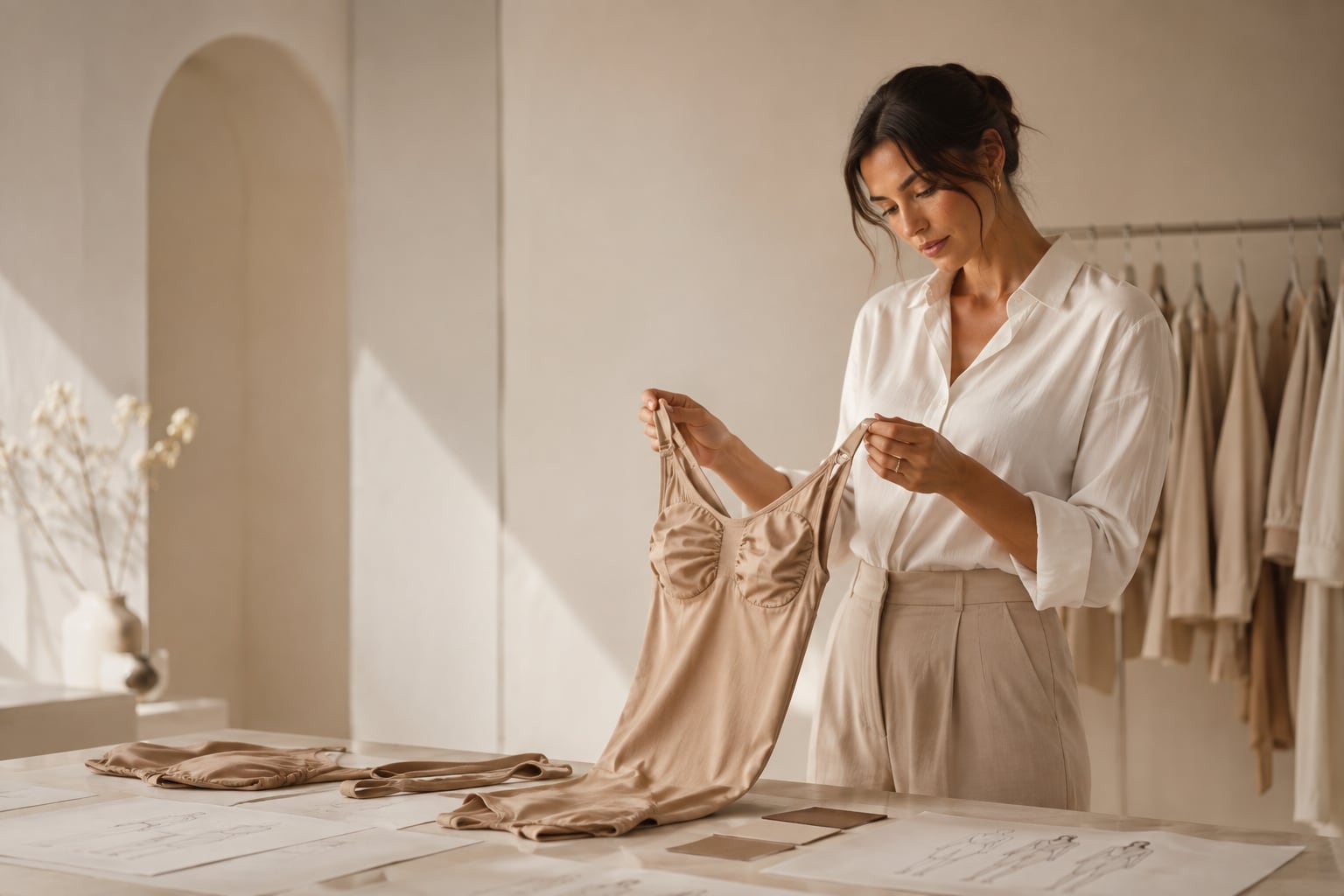 Ontwerpster bekijkt een ZIYA kledingstuk aan de atelier-tafel, omringd door stofstalen en schetsen